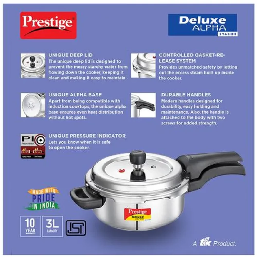 Prestige Deluxe Alpha Svachh Stainless Steel Spillage Control Pressure Cooker - Silver, 3 l-4.webp